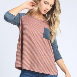 Knit Stripe Baseball Tea with Contrast Sleeves